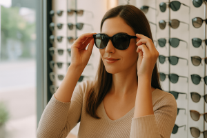 Woman trying on polarized prescription sunglasses in Palm Beach Gardens-min