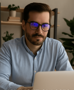Customer wearing blue light glasses Palm Beach Gardens office
