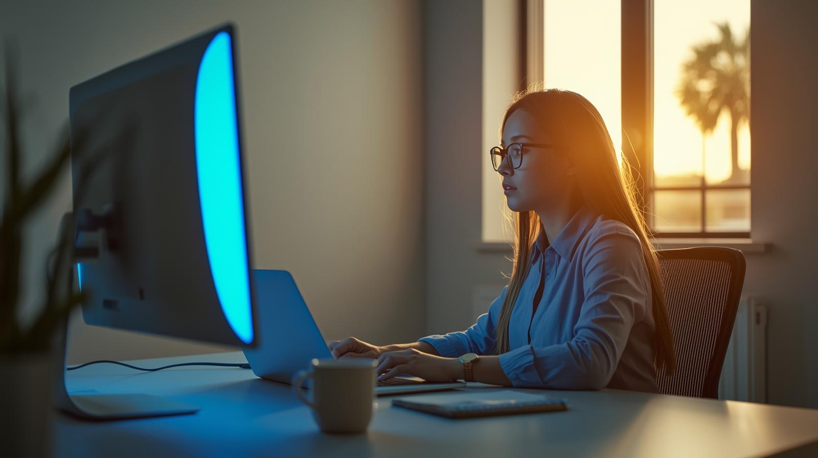 Young professional wearing computer glasses while working at a desk in Palm Beach Gardens office.