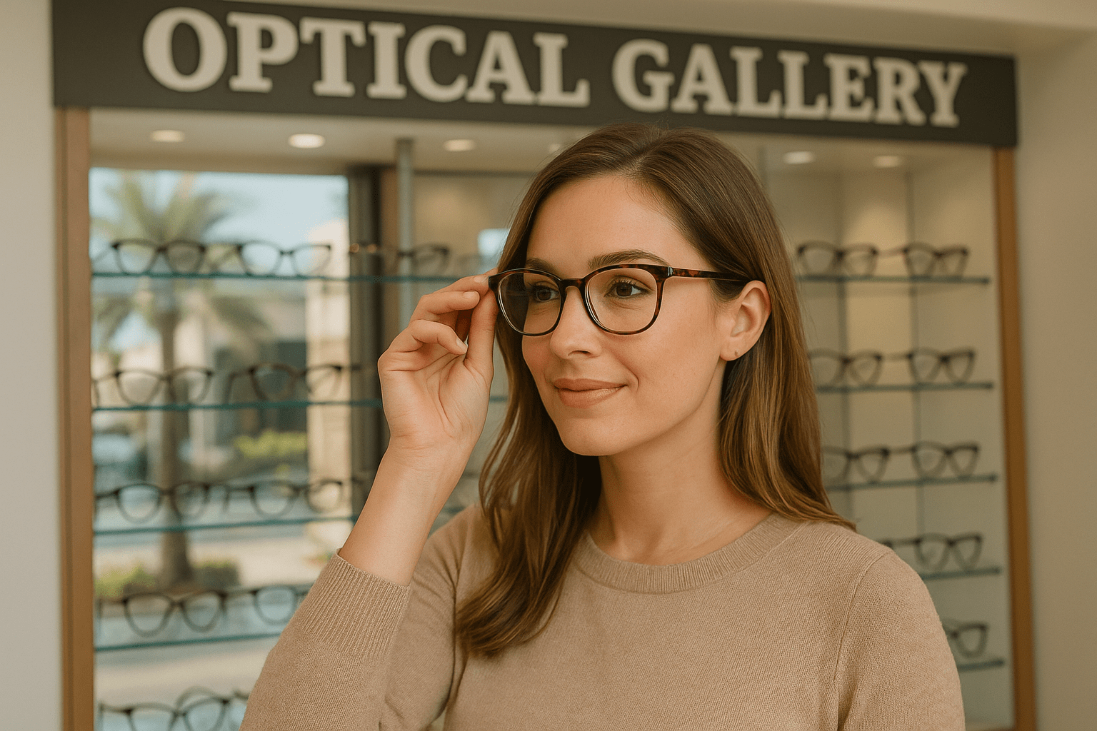 customer trying on designer eyeglasses Palm Beach Gardens Optical Gallery