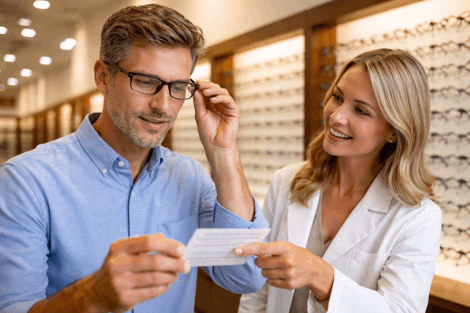 customer trying on bifocal glasses Palm Beach Gardens Optical Gallery