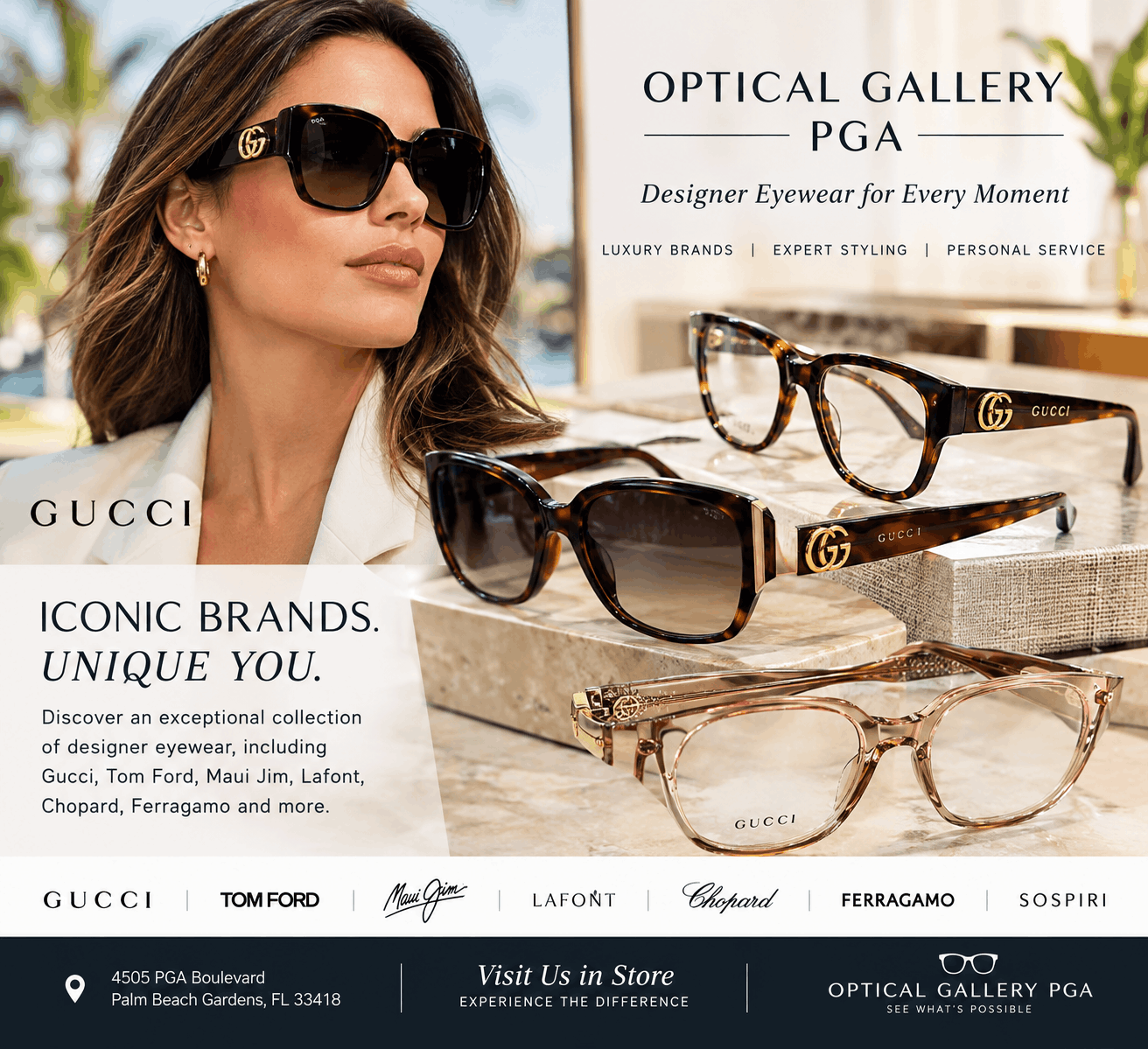 Luxury eyewear styling and statement frames Palm Beach Gardens